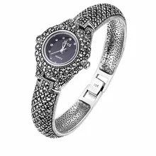 Women Pave Marcasite Black 925 Sterling Silver Retro Wrist Watches Classic Thai Silver Bracelet Hot Sale Real Silver Bangle