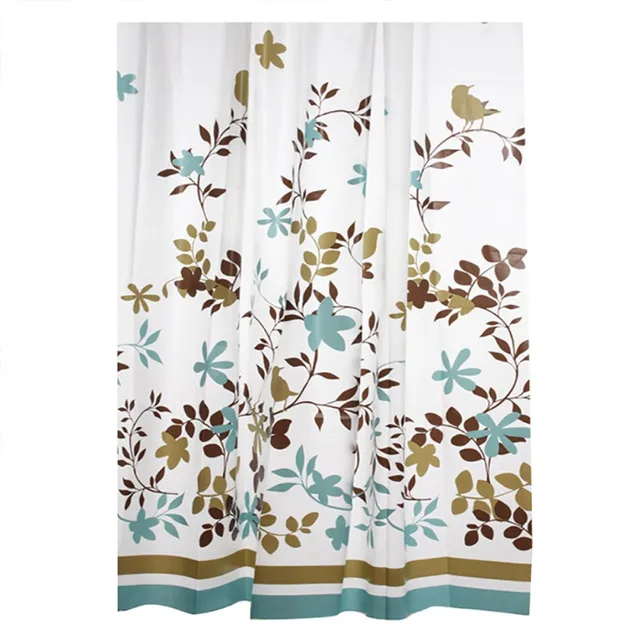 Waterproof Polyester Flower Printed Shower Curtain With 12 Plastic