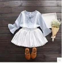 2017 Sweet Girl Spring Summer Clothing Set,plaid Long Sleeved Shirt + Lace Skirt,kids Girls 2pcs Clothes Suits