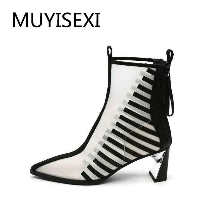 

Summer Boots Transparent Breathable Mesh Pointed Toe Short Booties Women 6 cm High Heels Spring White Black X065 MUYISEXI