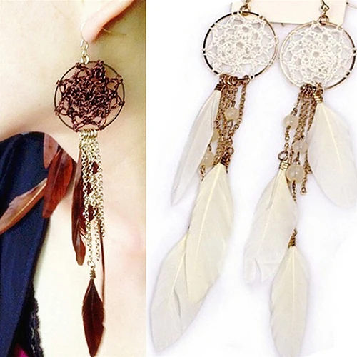 

Fashion Women Dream Catcher Feathers Tassel Pendant Long Hook Earrings Jewelry
