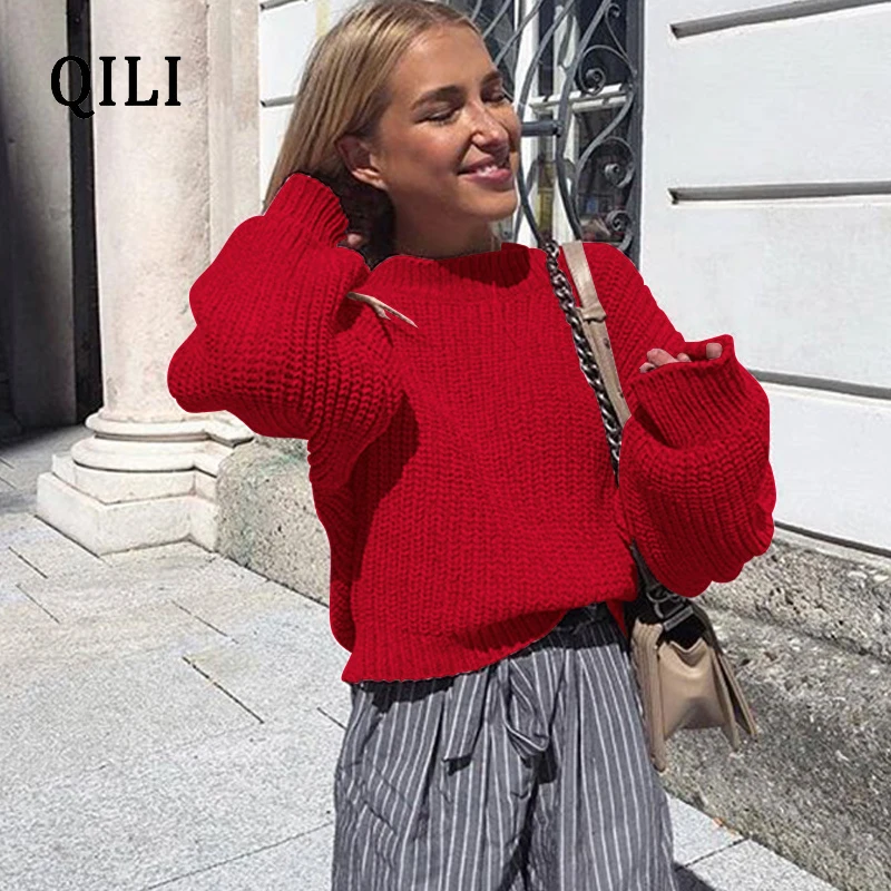 QILI Women Loose Pullovers Sweater O Neck Long Sleeve Solid Tops Knitted Sweaters Autumn Winter Womens Casual Fashion Sweater