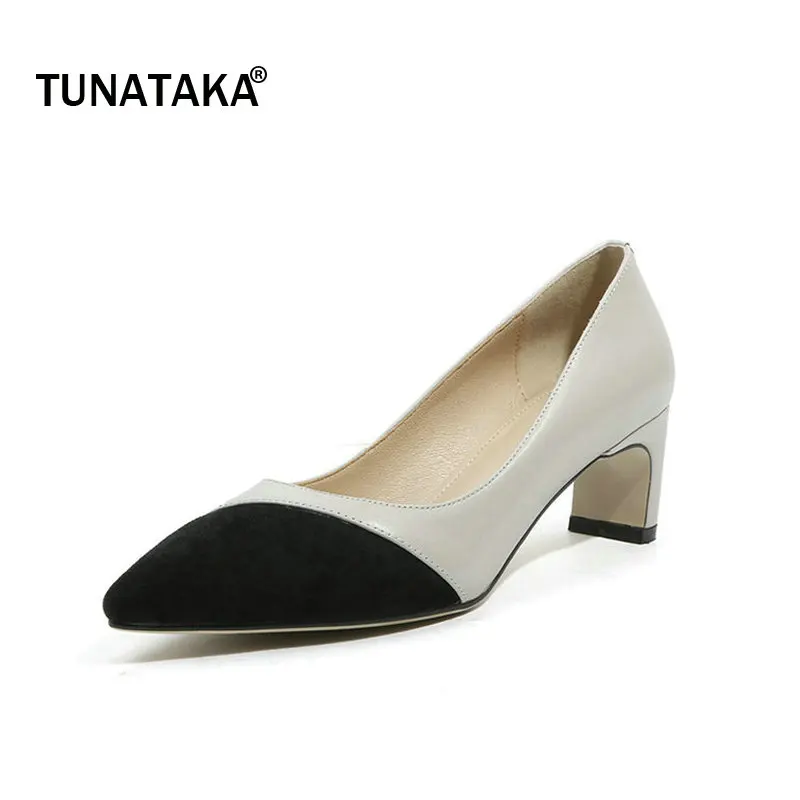 

Genuine Leather Comfort Square Toe Pointed Toe Woman Lazy Pumps Fashion Mixed Color Dress High Heel Shoes Woman Apricot Gray