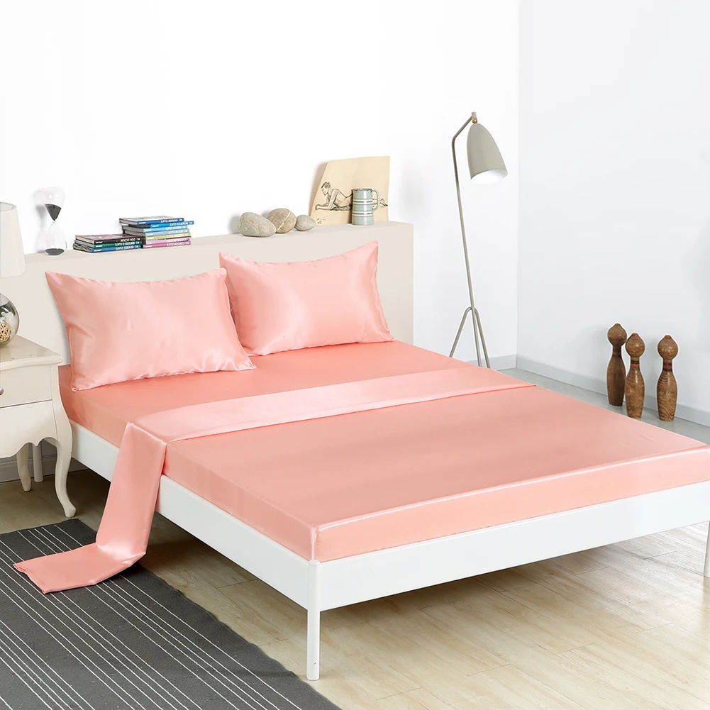 

American Style Fitted Sheet Pillowcase Bedding Set Solid Satin 3/4Pcs Satin Bed Cloth Twin Queen King Size Bedding Sets