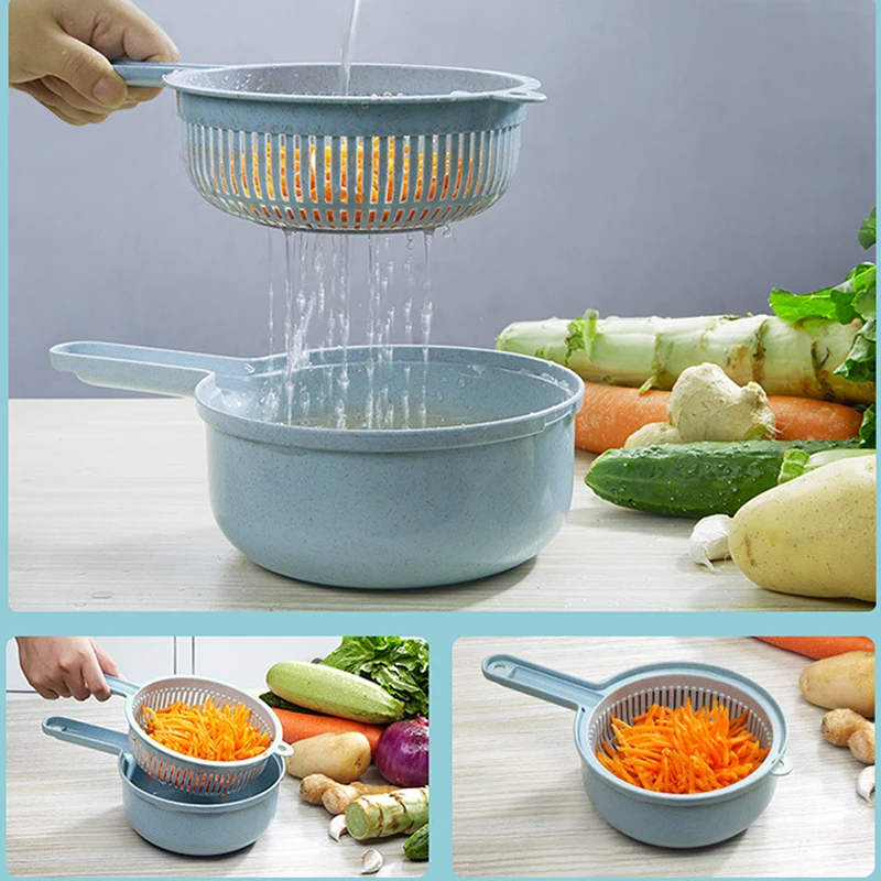 9 pcs /Set Kitchen Cutter Fruit Vegetable Slicer Potato Carrot Grater Garlic Chopper Mandoline Cutter with Noodle Drain Basket