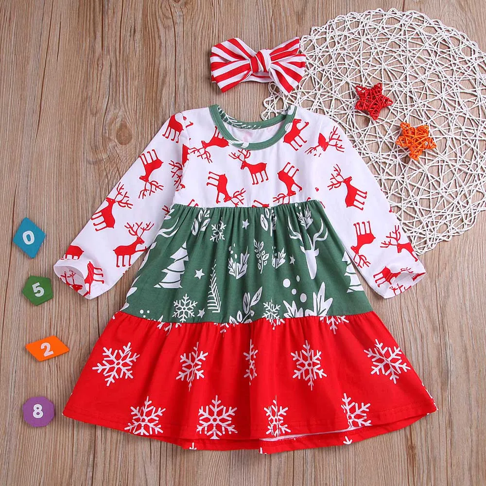 Платье с длинными рукавами и принтом оленя для малышей; Рождественская повязка на голову; одежда для маленьких девочек; одежда для детей