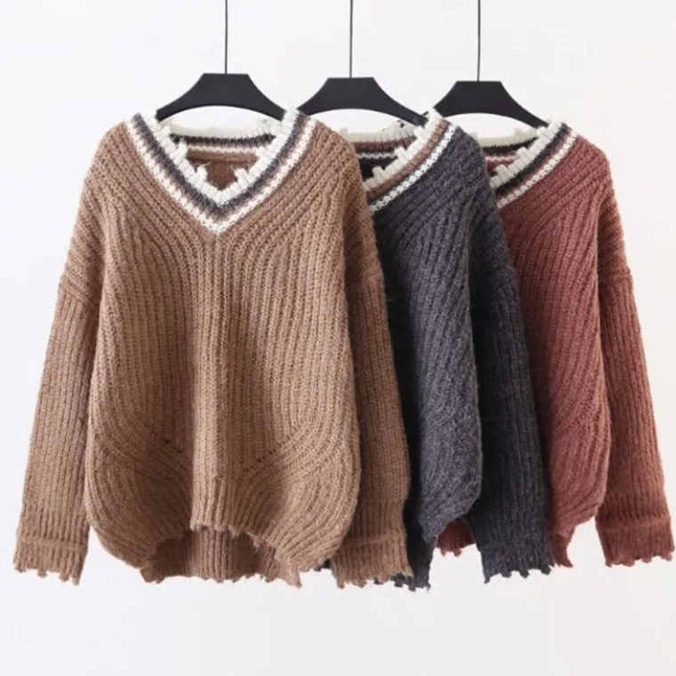 H. SA, Осень-зима, женский свитер и пуловеры с v-образным вырезом,, Женский вязаный пуловер, повседневный джемпер оверсайз