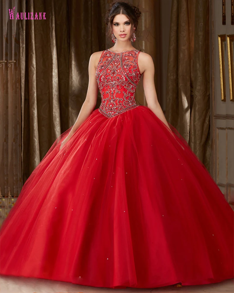 Waulizane 2017 Новый Прибытие Люкс Кристалл С Курткой Красный Quinceanera Платья Sexy Спинки