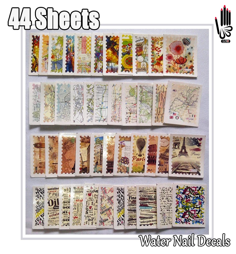 

Nail Art 44Sheets/Lot Mixed Letter Scenic Painting Map Stamp Full Water Transfer Wrap Nail Sticker Decal 44 Designs BLE1863-1906