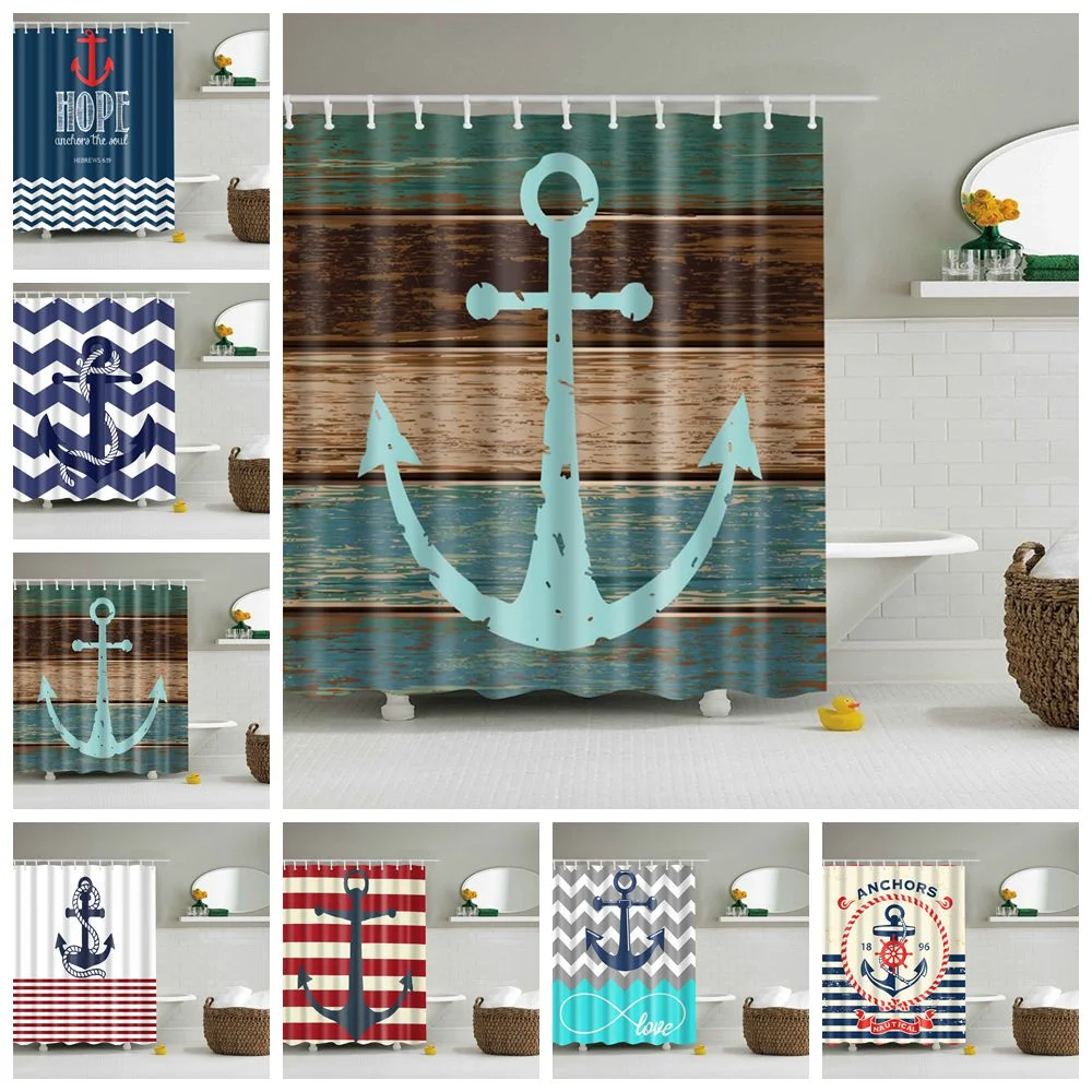 

Blue wood pattern Fly Ship Anchor Shower Curtain Waterproof Mildew proof printing bath curtain bathroom large 180x200 with hooks