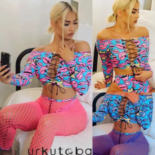 

Summer Womens Mesh Lips Printed Swimsuit Swimwear Ladies Off Shoulder Bandage Bikini Set+Fishnet Pants Swimming Trunks 3Pcs Set