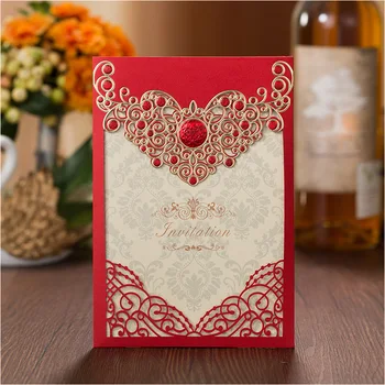 

Wedding Invitations Luxurious Gold Red Laser Cut Flower Embossed Bridal Shower Invitation Card with Envelope+FREE PRINTING