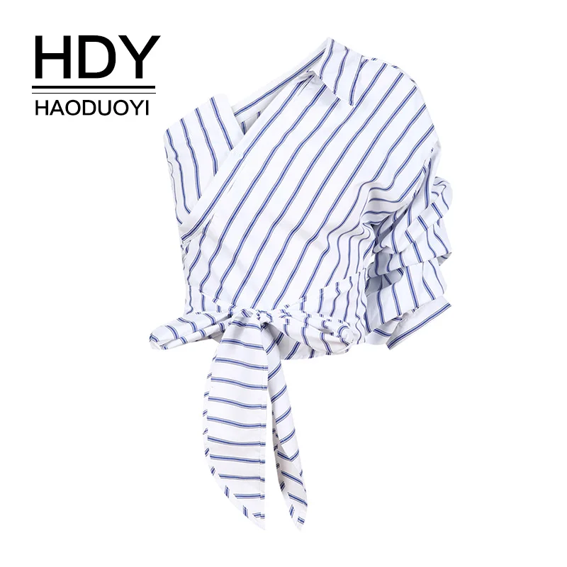 HDY Haoduoyi женские блузки в полоску с открытыми плечами рукавами фонариками