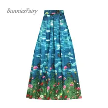 BunniesFairy, осенняя подиумная Женская винтажная юбка с принтом бабочки, животных, цветов, цветов, высокая талия, 100 см, длинная юбка макси, синяя, Saia
