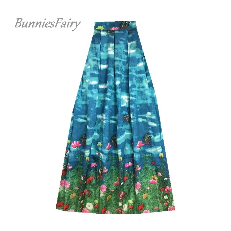 

BunniesFairy 2018 Autumn Runway Women Vintage Butterfly Animal Flower Floral Print High Waist 100cm Long Maxi Skirt Blue Saia