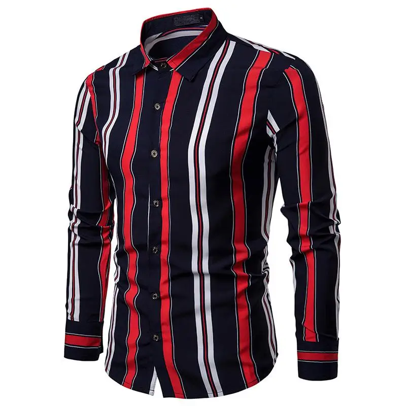 

Men's Shirt Double Color Strip design Long Sleeve Blouse Men Hawaiian Shirt Mens clothes White Black