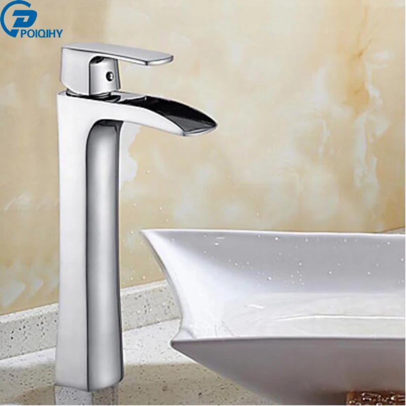 

POIQIHHY Deck Mounted Chrome Finished basin Faucet height waterfall faucet single handle single hole with hot and cold water