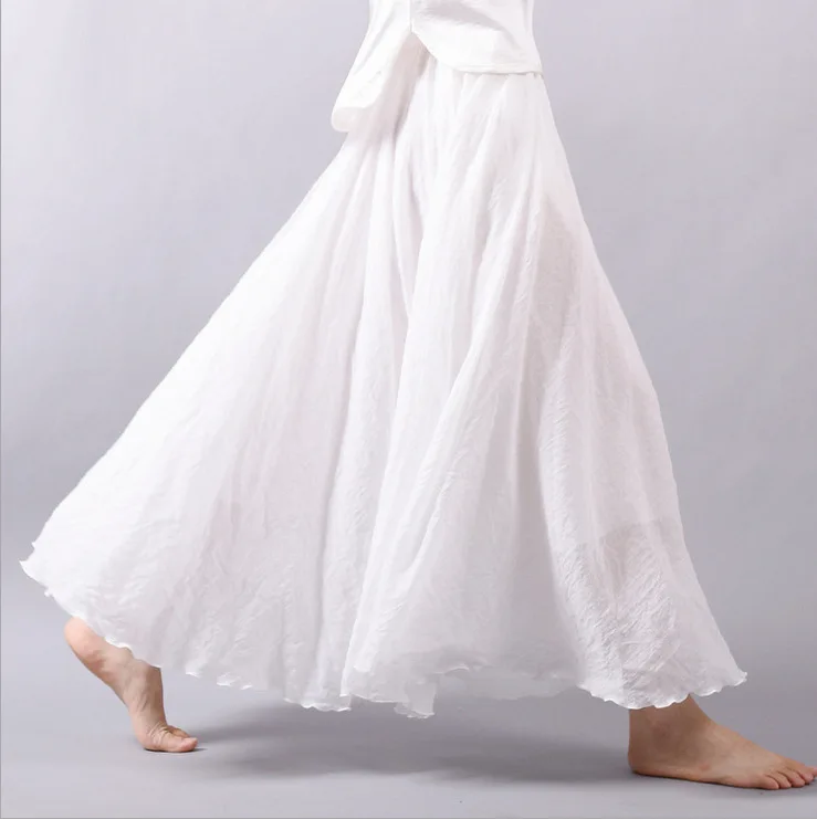 Women Linen Cotton Long Skirt Elastic Waist Pleated Folds Bohemia ...