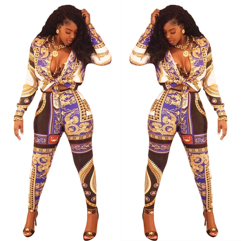 

2019 fashion new African cross-border women's hot style rich print long sleeve nightclub sexy two pieces