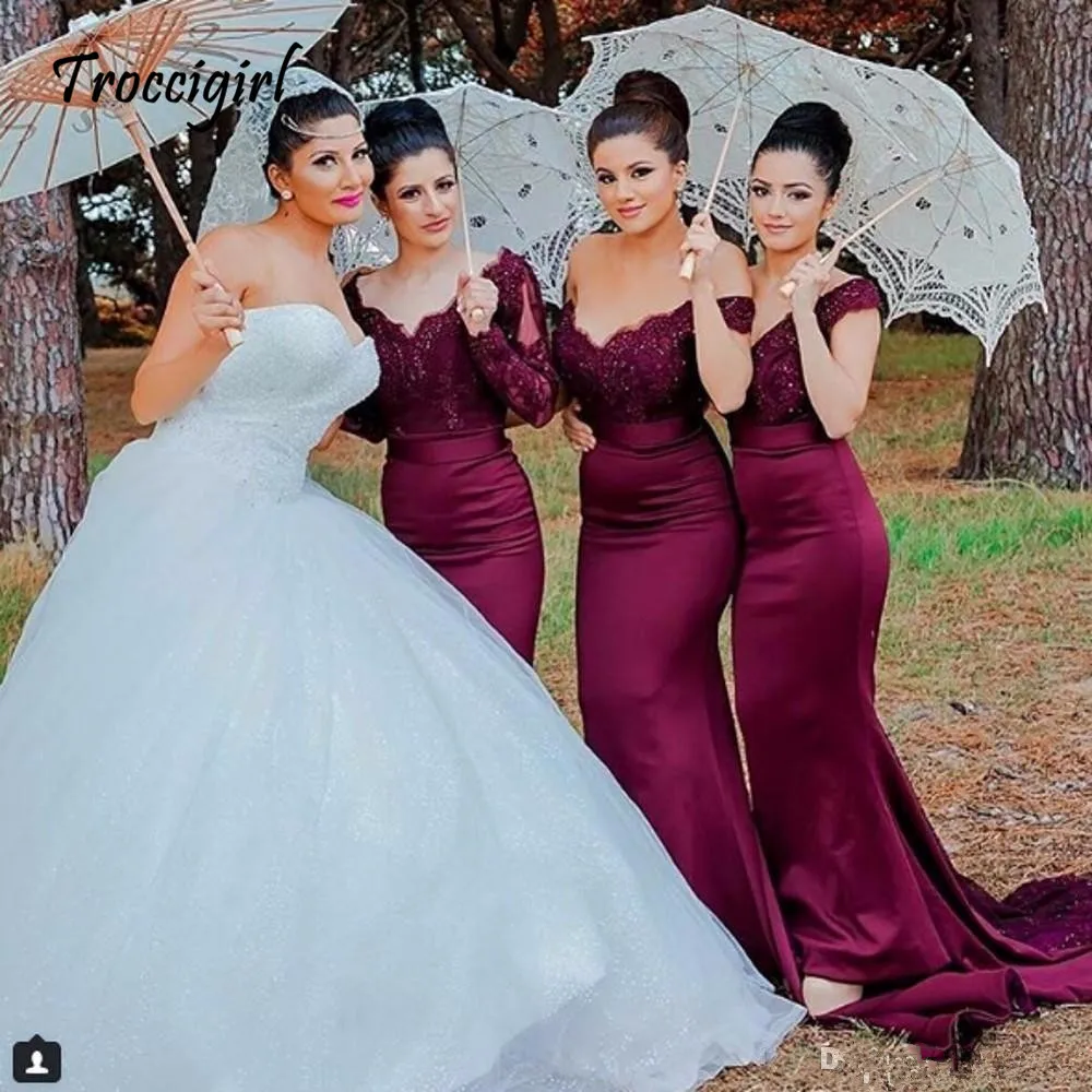 

Sexy Lace Burgundy Bridesmaid Dresses 2018 hot Mermaid Long Sleeve Beaded Long Bridesmaid Dress Formal Maid Of Honor plus size