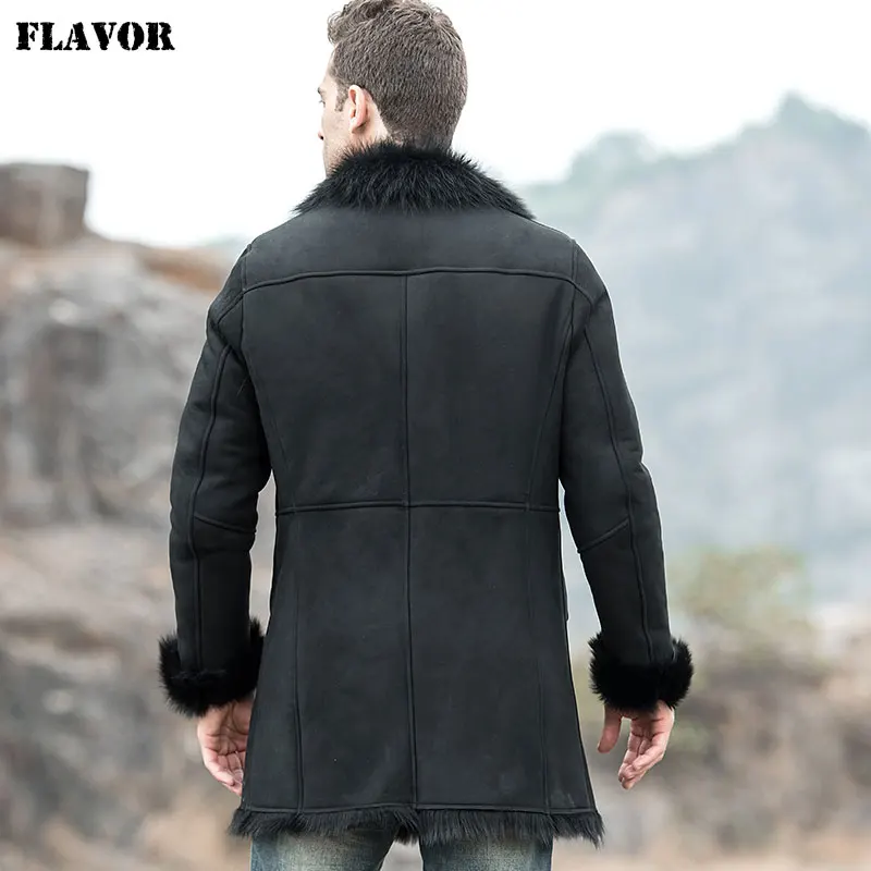 Kожаная куртка мужская из настоящей кожи FLAVOR, тренчкот из натуральной овчины, длинное пальто для зимы