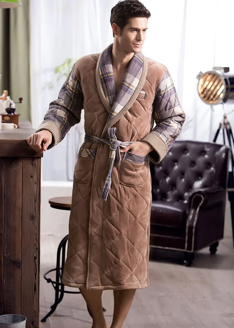 Brand Winter Bathrobe for Men British Casual Thickening Flannel Cotton Bath Robe Male Winter Home Dressing Gown With String Blet