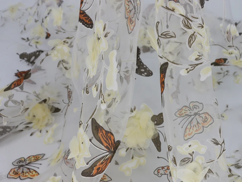 Ткань из органзы с принтом бабочки, газовая аппликация с цветочным рисунком