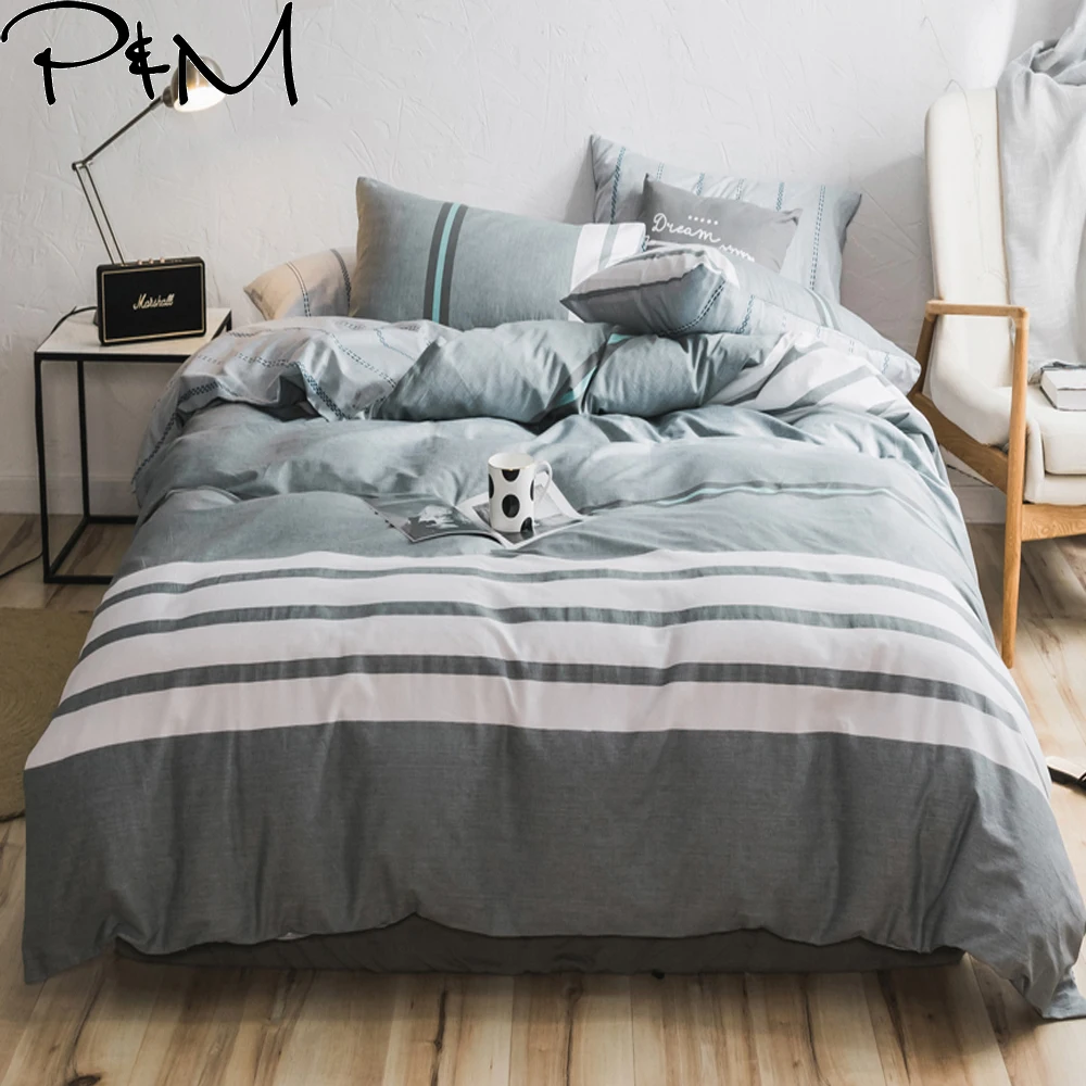 

PAPA&MIMA Gray bedding sets combing cotton twin double queen size duvet cover set bed sheet Pillowcase stripe bedclothes set