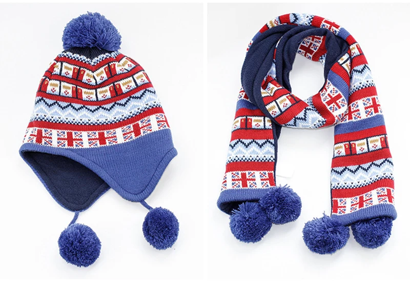 Kid Winter Hat Scarf Set Earflap Beanie Acrylic Knit Fleece Autumn Warm Pompon Dobby Boys Skiing Outdoor Accessory (4)
