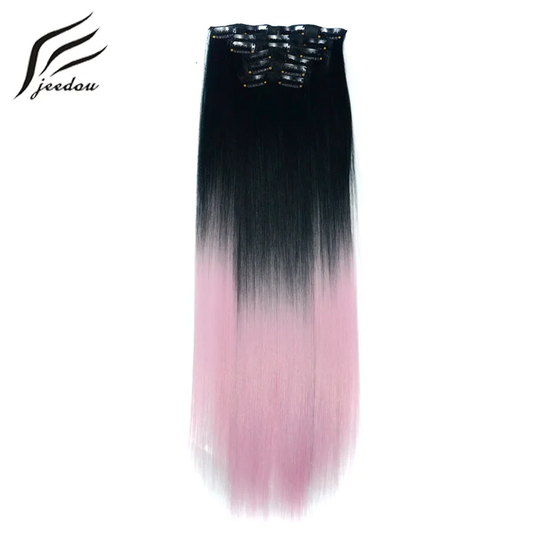

jeedou Clip In Hair Extensions 6pcs/set Straight Hair 24" 60cm 140g Natural Brown Gray Gradual Ombre Color Synthetic Hairpieces