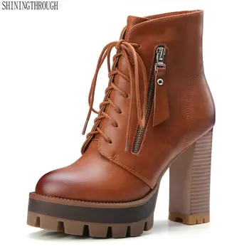 

2019 women super high heels boots lace up dress shoes woman platform spring autumn ankle boots woman large size 41 42