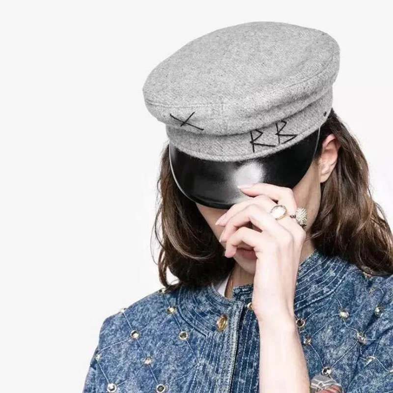 

Vintage PU Baker Boy Caps Men And Women Newsboy Cap Embroidery Military wool British Classic Female Flat Hats