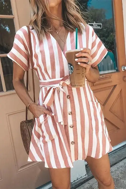 

GRUIICEE New spring/summer 2019 European and American women's striped, deep v-neck, lace-up dress GY2018956