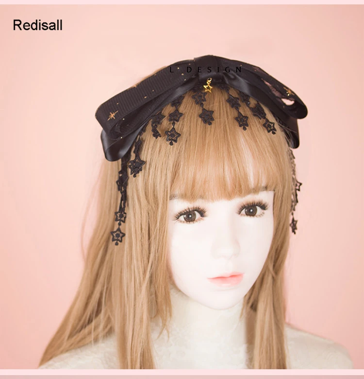 

Lace Bowtie Lolita Ribbon Hair Accessories Hairband Black Stars Tassels Cosplay Wig Decorations