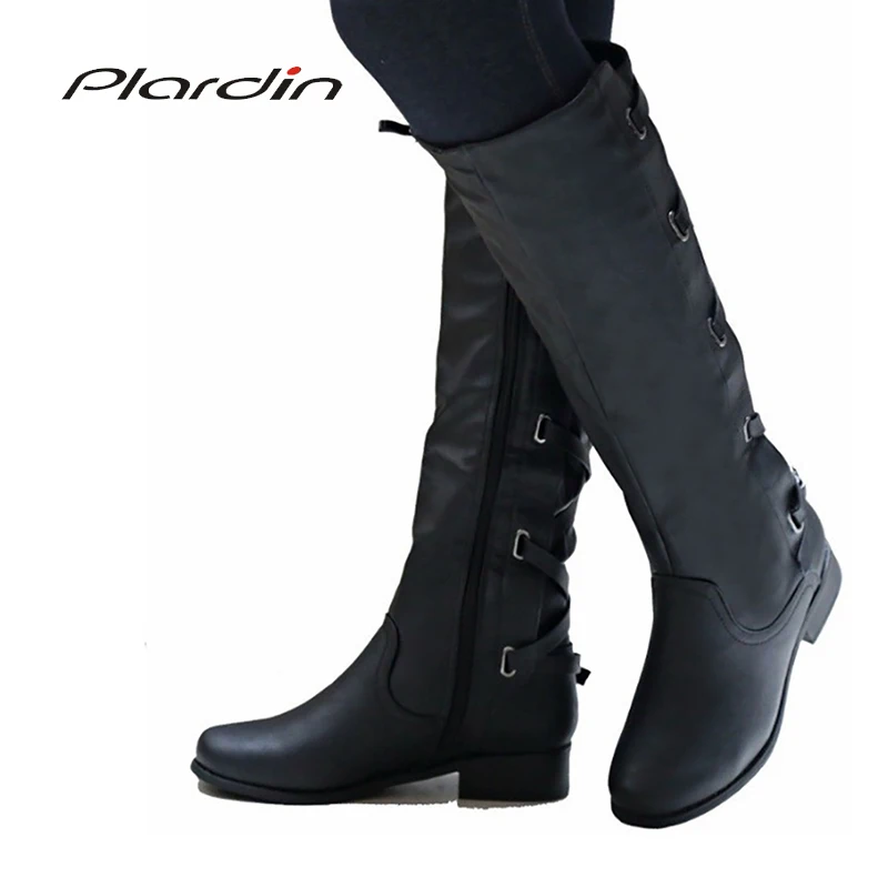 

Plardin plus size 35-43 New Fashion Concise Knee-high Snow Boots Women Shoes Square Heel Woman Winter Cross-tied Fashion Boots