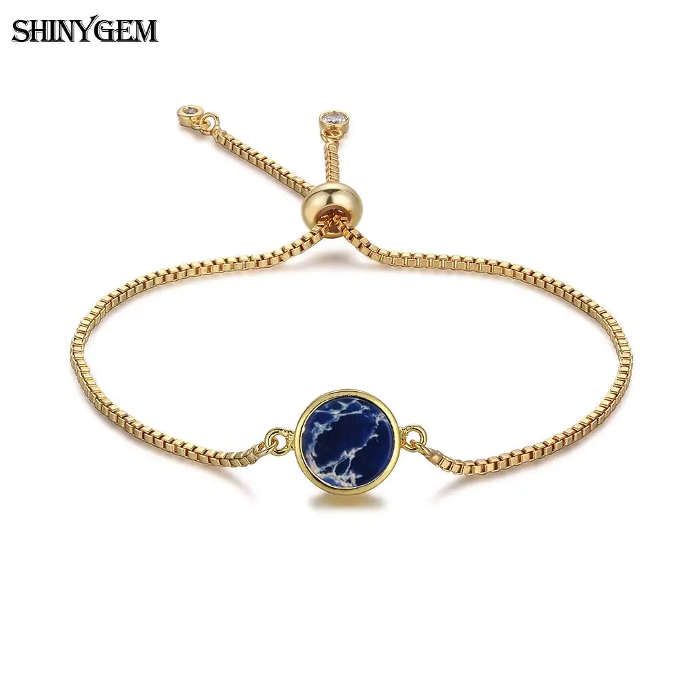 

ShinyGem Vintage Gold Plating Natural Stone Bracelets 12mm Round Natural Pattern Sea Sediment Jaspers Charm Bracelets For Women