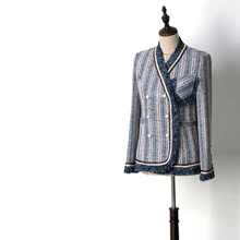 Женская Элегантная Модная твидовая куртка, двубортная куртка с жемчужинами и пуговицами, полосатая куртка с бахромой, верхняя одежда, новинка, осень, jc2560