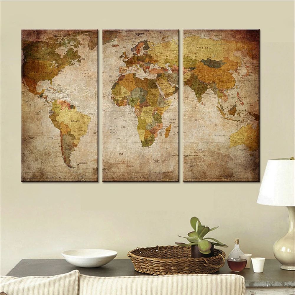 Us 320 Mur Art Peintures Sur Toile Pour Salon Decor A La Maison Cadre 3 Pieces Retro Vintage Carte Du Monde Photos Moderne Gravures Hd In Painting