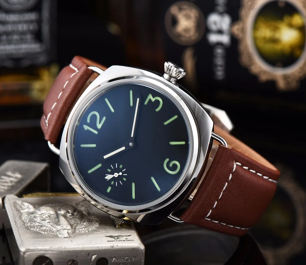 Parnis мужские часы 45 мм часы спортивные черный циферблат белая кожа гравировка Военная Механическая маховик P58-6