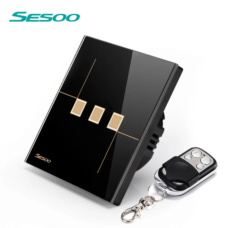 

SESOO Touch Sensor Switch 3 Gang 1 Way SY6-03 Black Remote Control Wall Touch Light Switch