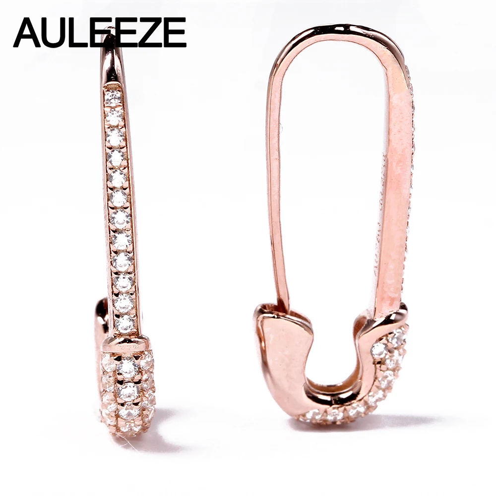 AULEEZE Unique Solid 18K Rose Gold Pin Earrings For Women 0.37cttw Real Natural Diamond Drop Earrings Fine Jewelry
