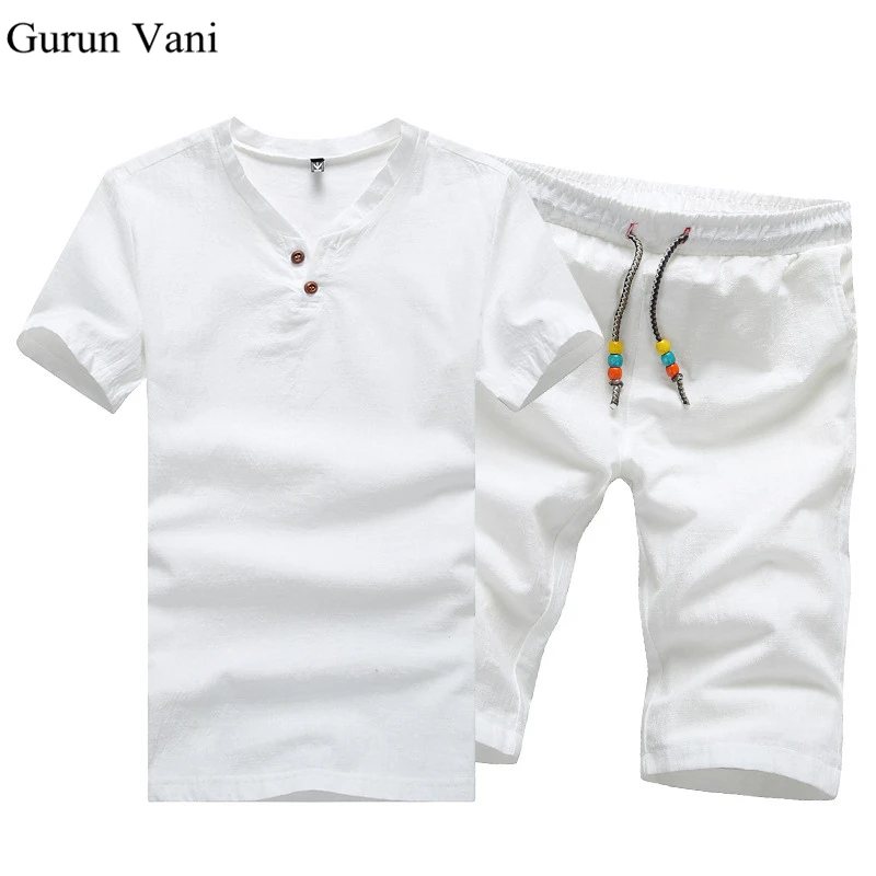 2 PCS! Mens Linen T shirt Suit Set Summer Style Short ...