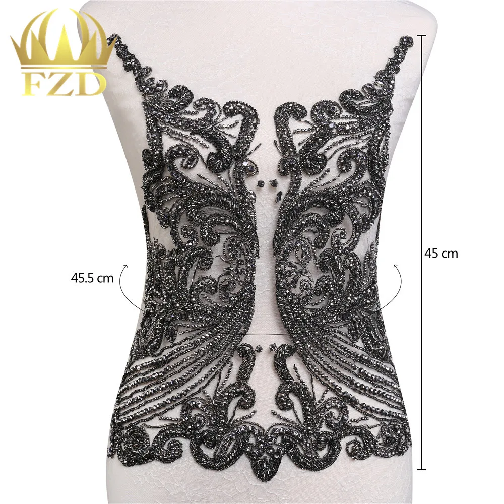 

(5 Pieces )Wholsale Black Beaded Applique Rhinestone Stone Large Patches with Gauze for DIY Wedding Dress and Evening Dress
