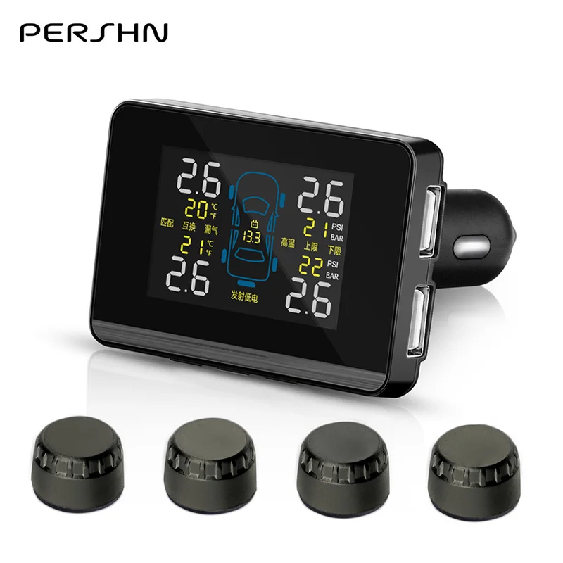 

Pershn D6-WI Car Wireless Tire Pressure Monitoring System Real Time Temperature Air leakage Alarm with 4 External Sensors