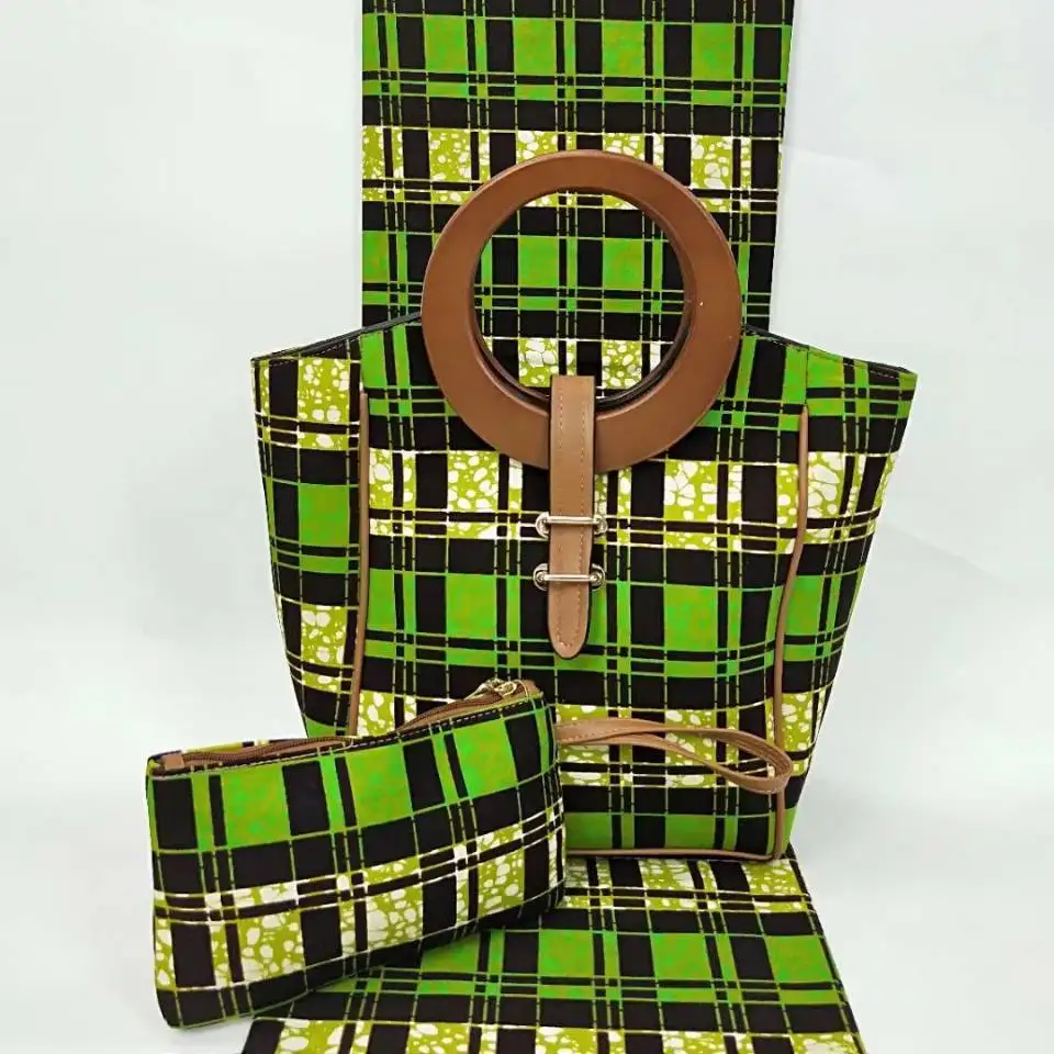 

6Yards Nice looking green printed lattice pattern hollandais wax fabric african big handbag set for party VB29