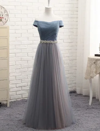 Vestido De Noiva пыльный голубой платье подружки невесты длинные Scoop Бисер Pleat простые элегантные свадебные Пром вечерние платья - Цвет: boat neck long