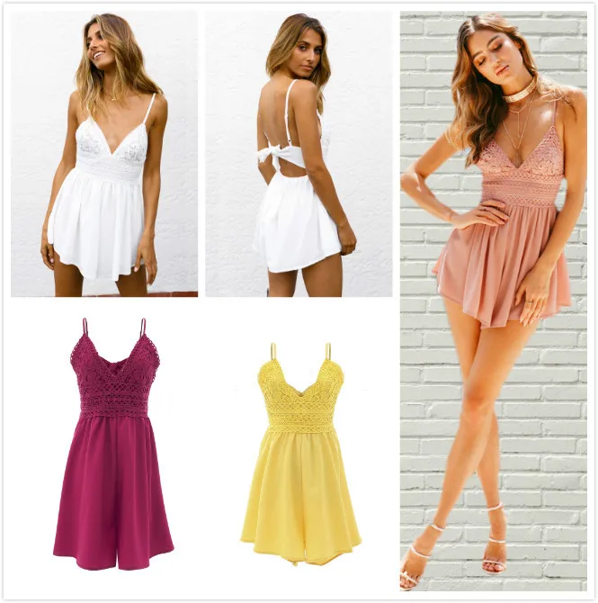 

Ladies summer casual short style large backless fashion beautiful Strapless v-neck open-back crocheted mini lace small kilt