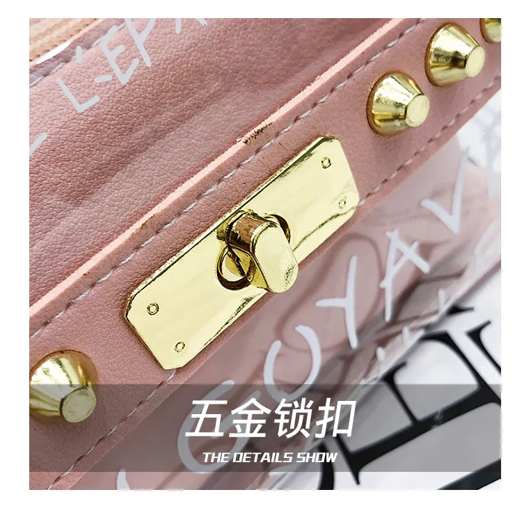 Womens Candy Color PVC Transparent Crossbody Bag 2pcs sets Rivets Letter Print Messenger Bags Fashion Girls Clear Chain Tote bag (6)