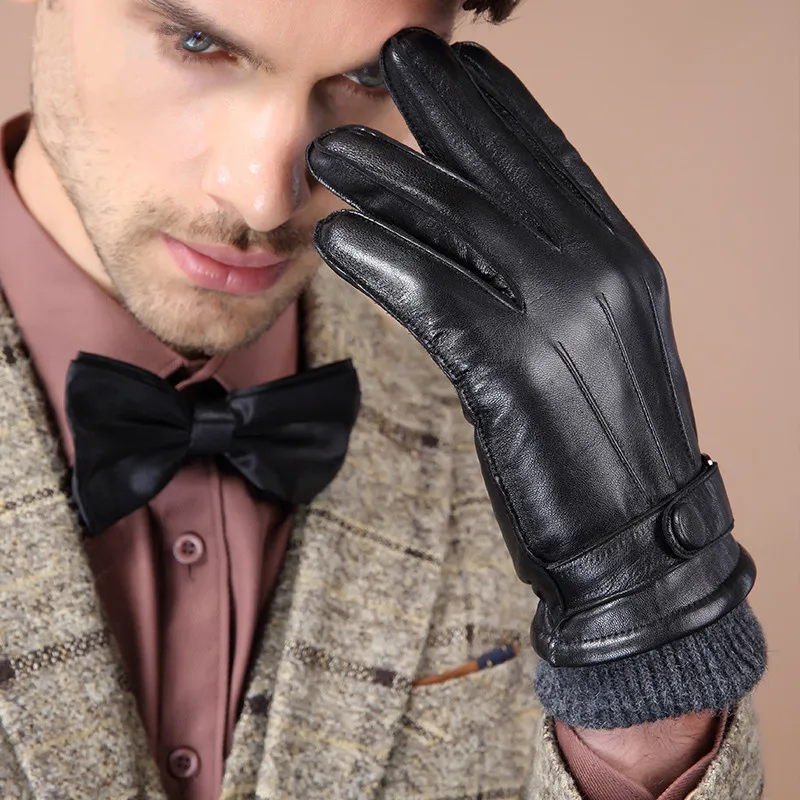 Fashion Business Men Winter Genuine Leather Gloves Wool Lining Thick