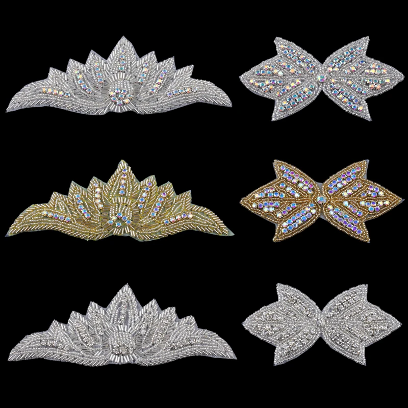 

Handmade Fashion Crystal Crown/Bows Bridal Costume Beaded Dress Decoration Sew On Rhinestone Applique for Wedding Embellishment